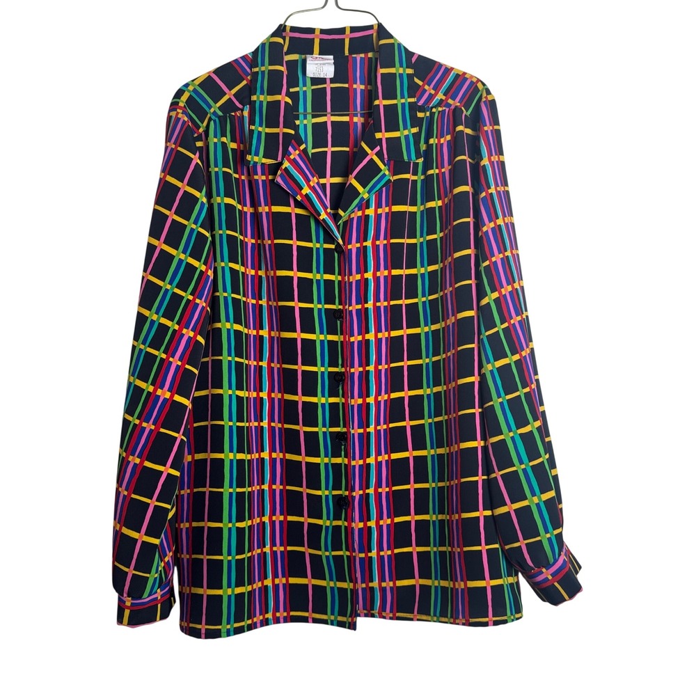 Vintage Graff Californiawear Rainbow Grid Plaid Button‎ Up Blouse Size 14